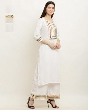 women embroidered straight kurta & palazzos set