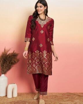 women embroidered straight kurta & palazzos set