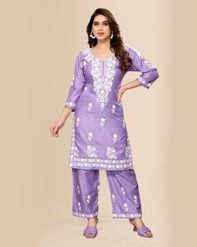 women embroidered straight kurta & palazzos set