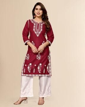 women embroidered straight kurta & palazzos set