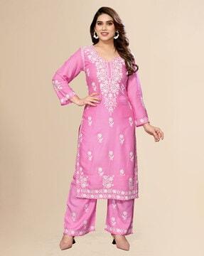 women embroidered straight kurta & palazzos set