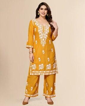 women embroidered straight kurta & palazzos set