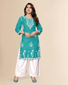 women embroidered straight kurta & palazzos set