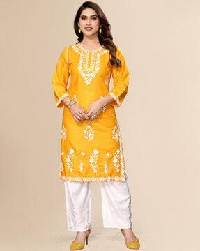 women embroidered straight kurta & palazzos set