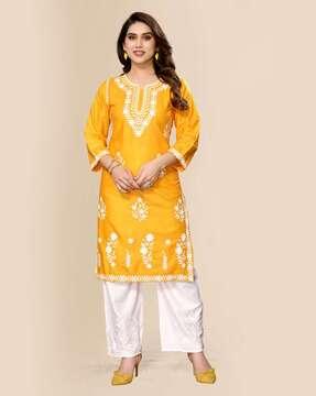 women embroidered straight kurta & palazzos set