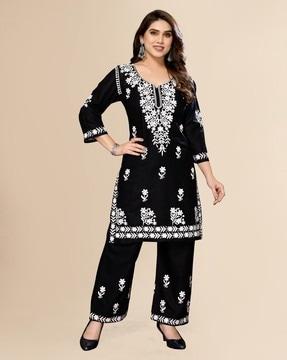 women embroidered straight kurta & palazzos set