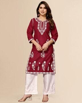 women embroidered straight kurta & palazzos set