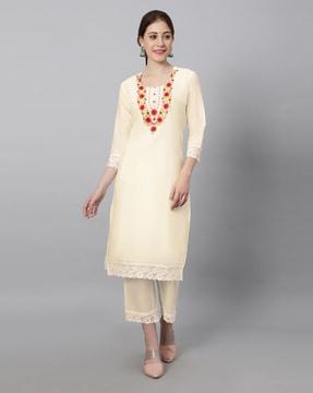 women embroidered straight kurta & pants set with lace detail