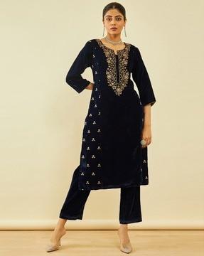 women embroidered straight kurta & pants set