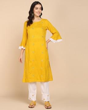 women embroidered straight kurta & pants set