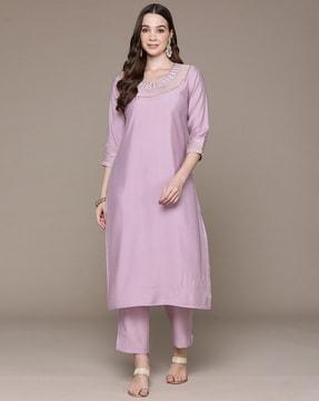 women embroidered straight kurta & pants set