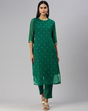 women embroidered straight kurta & pants set