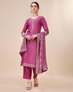 women embroidered straight kurta & pants with dupatta set