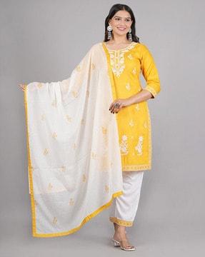 women embroidered straight kurta & pants with dupatta