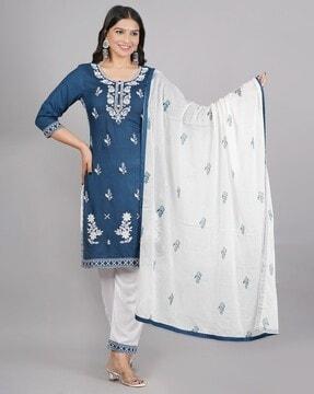 women embroidered straight kurta & pants with dupatta