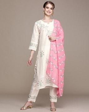 women embroidered straight kurta & pants with dupatta