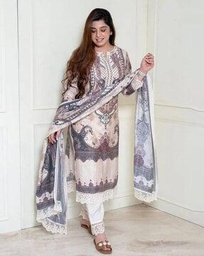 women embroidered straight kurta & pants with dupatta