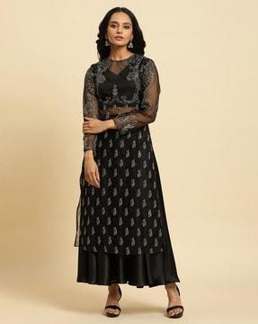 women embroidered straight kurta & skirt set