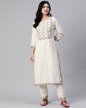 women embroidered straight kurta palazzo set