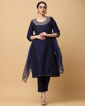 women embroidered straight kurta pants & dupatta set