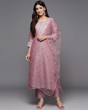 women embroidered straight kurta pants & dupatta set