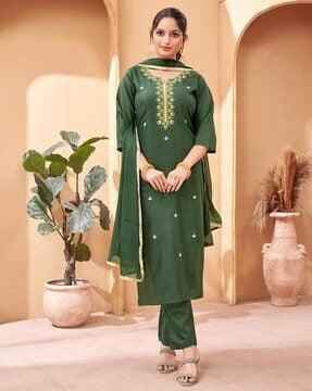 women embroidered straight kurta pants set with dupatta