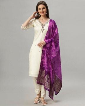 women embroidered straight kurta pants set with dupatta