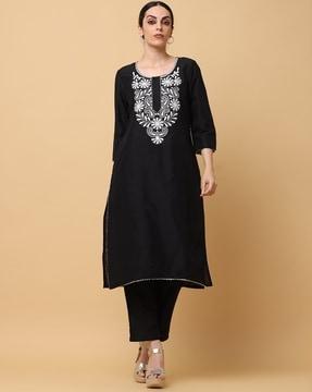 women embroidered straight kurta pants set