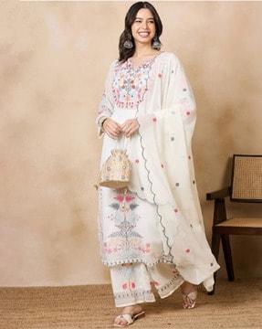 women embroidered straight kurta pants sets with dupatta