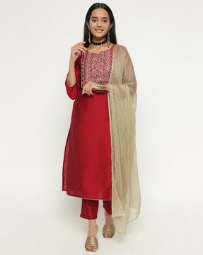 women embroidered straight kurta set with dupatta