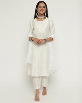 women embroidered straight kurta set with dupatta