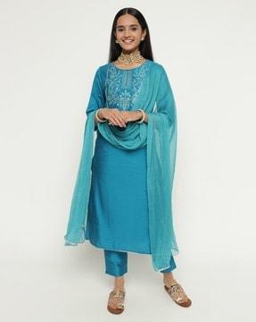 women embroidered straight kurta set with dupatta