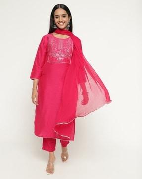 women embroidered straight kurta set with dupatta