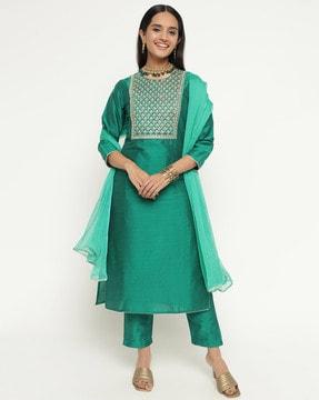 women embroidered straight kurta set with dupatta