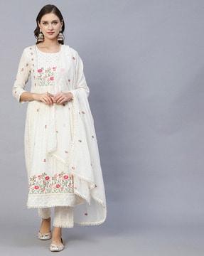 women embroidered straight kurta set with dupatta