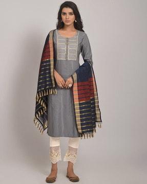 women embroidered straight kurta set with dupatta