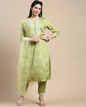 women embroidered straight kurta set with dupatta