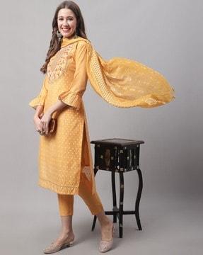 women embroidered straight kurta set with dupatta