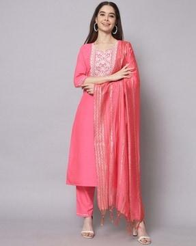 women embroidered straight kurta set with dupatta