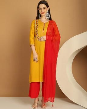 women embroidered straight kurta set with dupatta