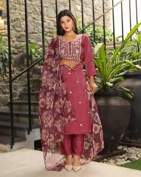 women embroidered straight kurta set with dupatta