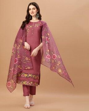 women embroidered straight kurta set with dupatta