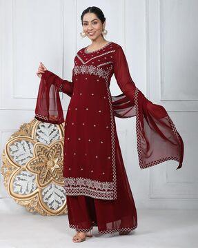 women embroidered straight kurta set with dupatta