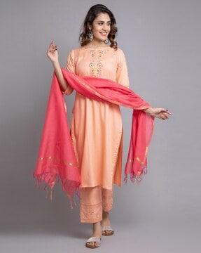 women embroidered straight kurta set with dupatta