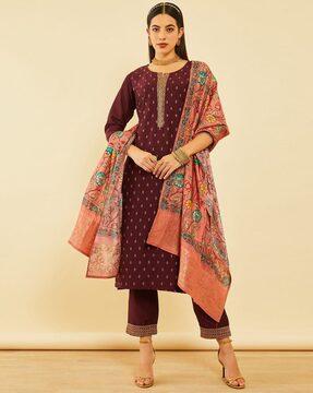 women embroidered straight kurta set with dupatta