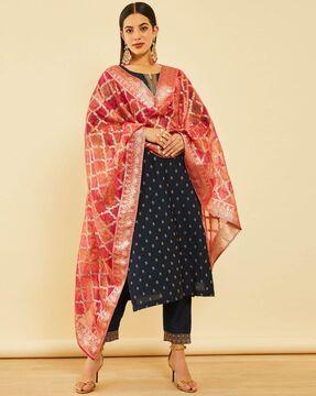 women embroidered straight kurta set with dupatta