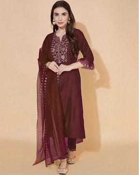 women embroidered straight kurta set with dupatta