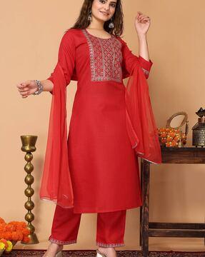 women embroidered straight kurta set with dupatta