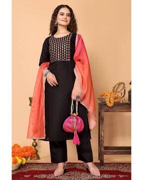 women embroidered straight kurta set with dupatta