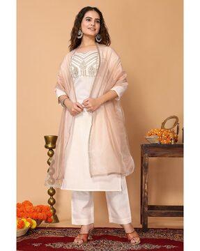 women embroidered straight kurta set with dupatta